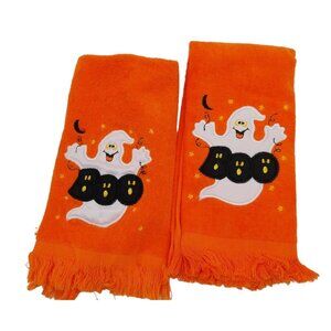 Cecil Saydah Halloween Ghost Boo Finger / Hand Towel Set of 2 Orange White